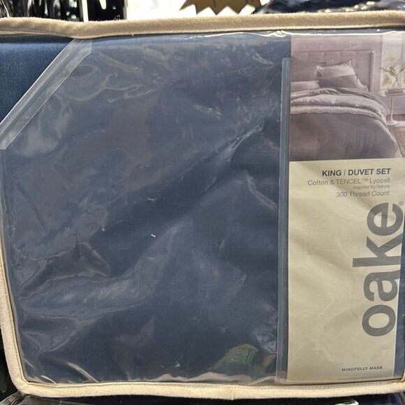 OAKE Reversible Cotton Tencel 3-Pc. Duvet Cover Set, Light Blue/Navy, King - Picture 2 of 4